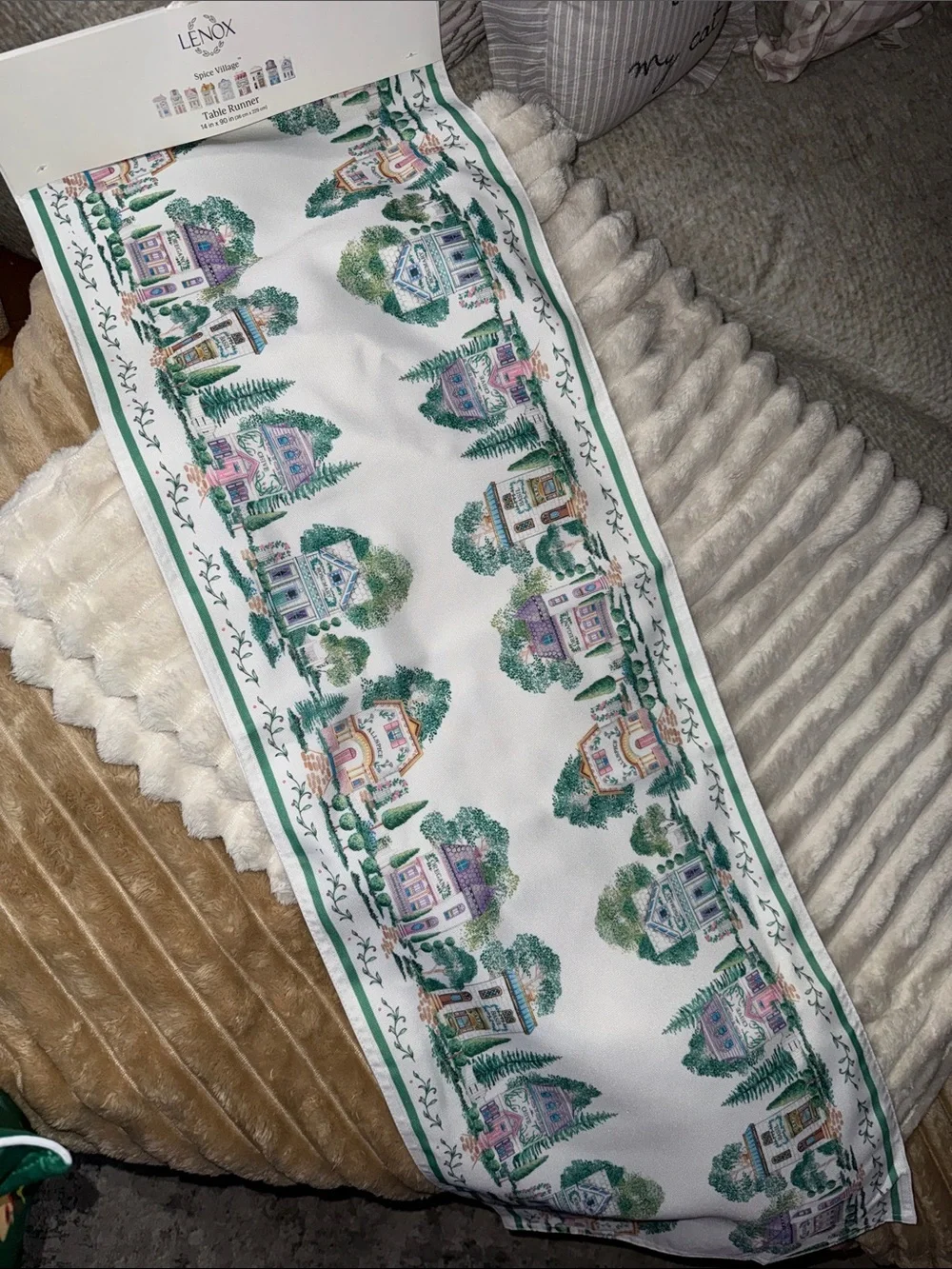 Lenox Spice VillageWhite & Green Scenic Village Table Runner with Pastel Accents